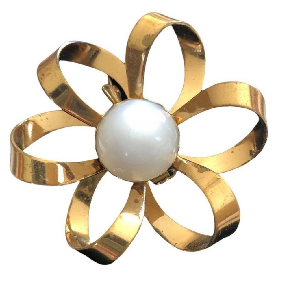Vintage Jelly Belly Big Flower Statement Brooch Gold Tone White Pearl Center
